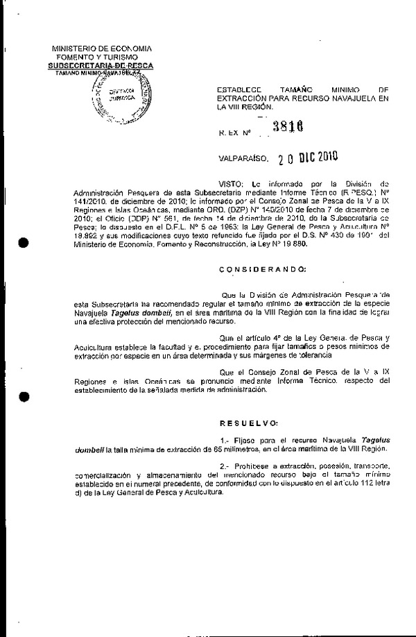 Resolución N° 3816 de 2010 Establece Tamaño Mínimo de Extracción Navajuela VIII Región (F.D.O. 28-12-2010)