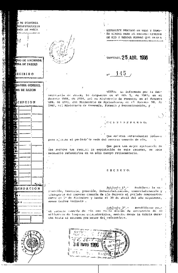 D.S. N° 145-1986 Establece Tamaño Mínimo de Extracción Camarón de río. (F.D.O. 06-06-1986)