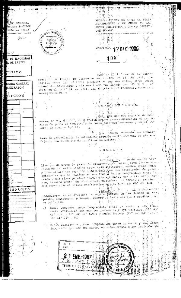 D.S. N° 408-86 Prohíbe el uso Artes de Pesca de Arrastre y de Cerco en las áreas que indica.