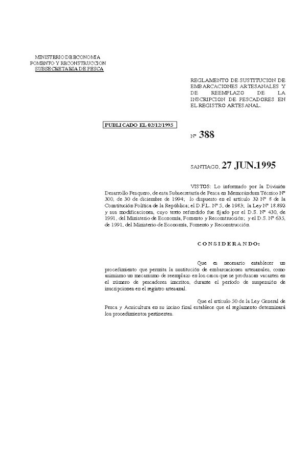 D.S. N 388-1995 Reglamento de Sustitucin de Embarcaciones y de Reemplzo de la Inscripcin de Pescadores en Registro Artesanal. (Actualizado D.S. N 182-2017).