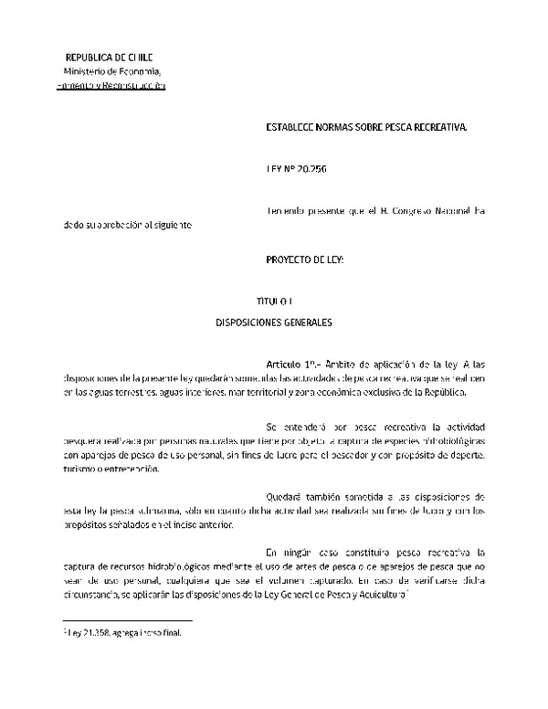 Ley Nº 20.256 Establece Normas sobre pesca Recreativa (Última Modificación Ley Nº  21600