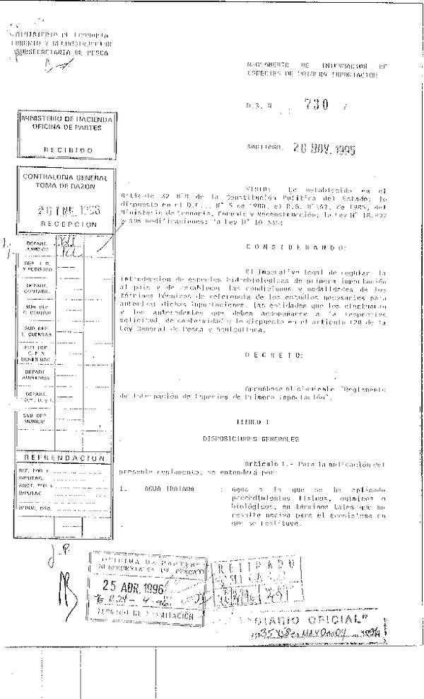 Reglamentos de Acuicultura:D.S. Nº 730-1995 Reglamento de Internación de Especies de Primera Importación.