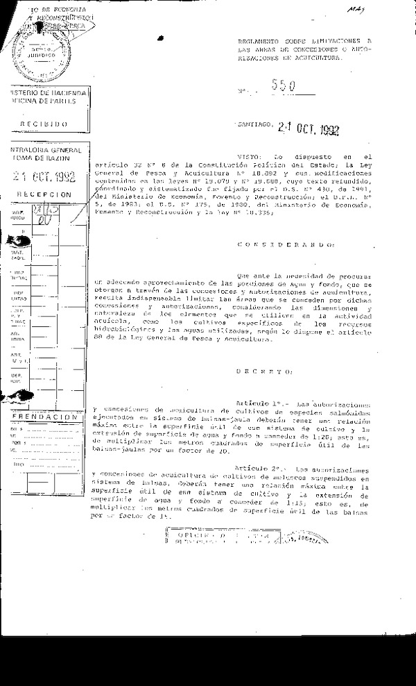 D.S. Nº 550 de 1992 Reglamento sobre Limitación de áreas de las Concesiones y Autorizaciones de Acuicultura.