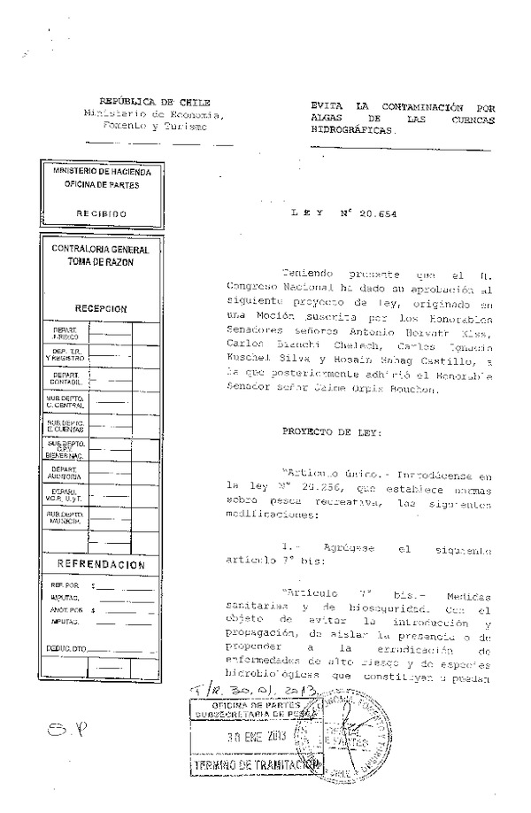 Ley Nº 20.654, Modifica Ley Nº 20.256, que Establece Normas sobre Pesca Recreativa, Respecto Evitar la contaminación por Algas de las Cuencas Hidrográficas. (