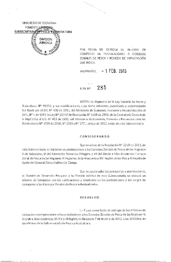 Resolución 285/13, Fija fecha de entrega de informe de cómputos de postulaciones
