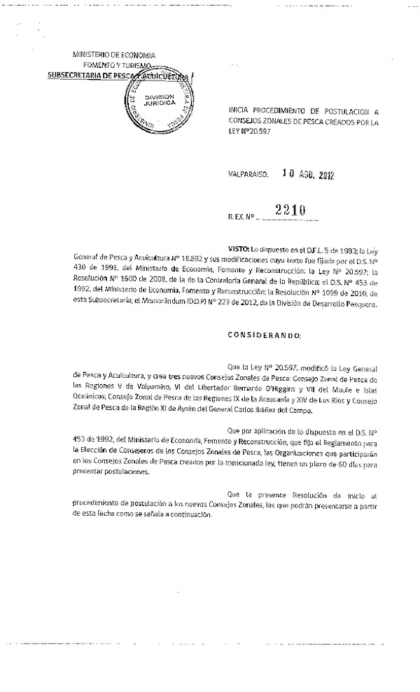 Resolución 2210/12, Inicia proceso de postulación a Consejos Zonales de Pesca