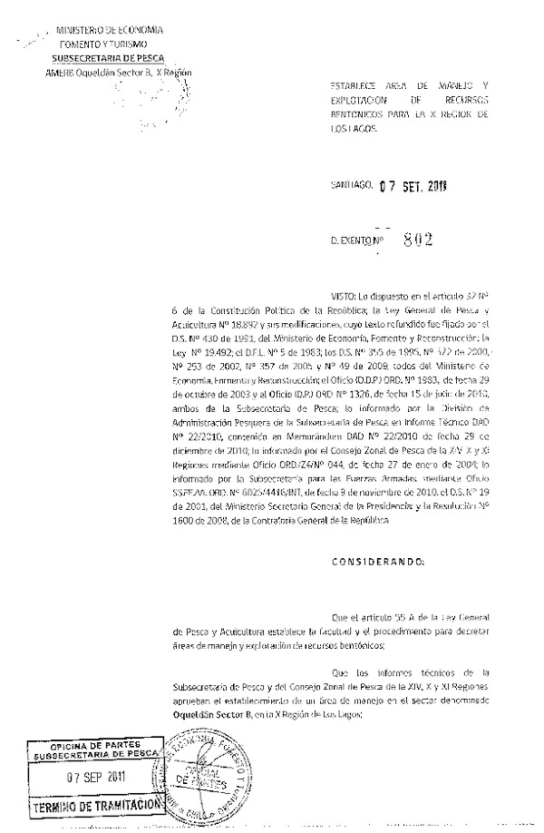 Decreto N° 802-2011 Establece área de manejo Oqueldán Sector B, X Región.
