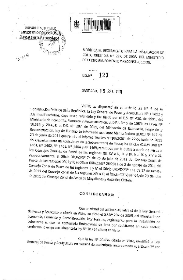 Decreto N° 123-2011 modifica Decreto N° 297-2005 Reglamento para la instalación de colectores.