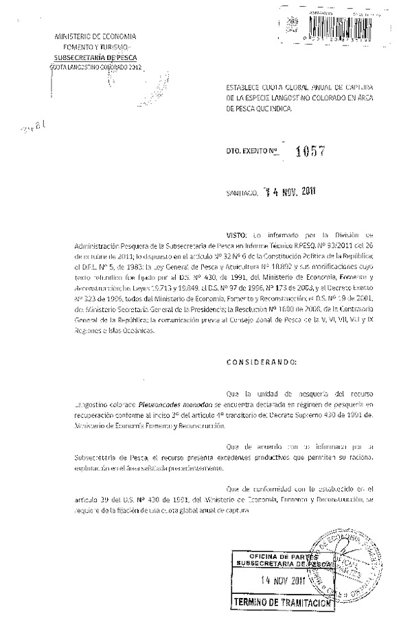 Decreto N° 1057-2011 establece cuota anual de captura especie Langostino colorado V-VIII Región.