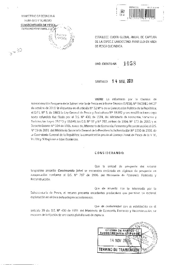 Decreto N° 1058-2011 establece cuota anual de captura especie Langostino amarillo V-VI Región.