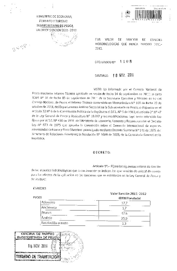 Decreto N° 1108-2011 Fija valor de sanción de especies hidrobiológicas que indica 2011-2012.