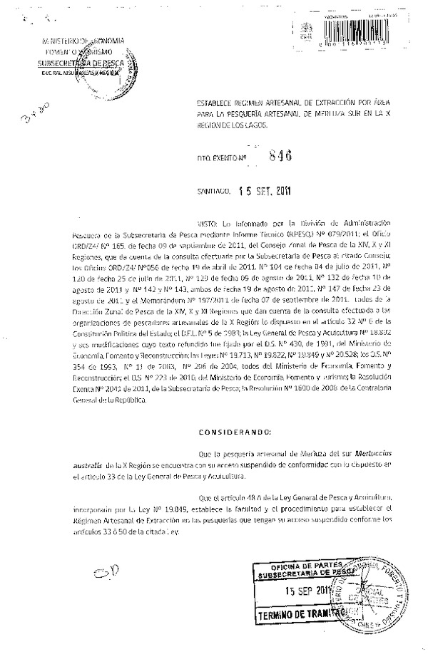 Decreto N° 846-2011 Establece Régimen Artesanal de Extracción recurso Merluza del sur, X Región.