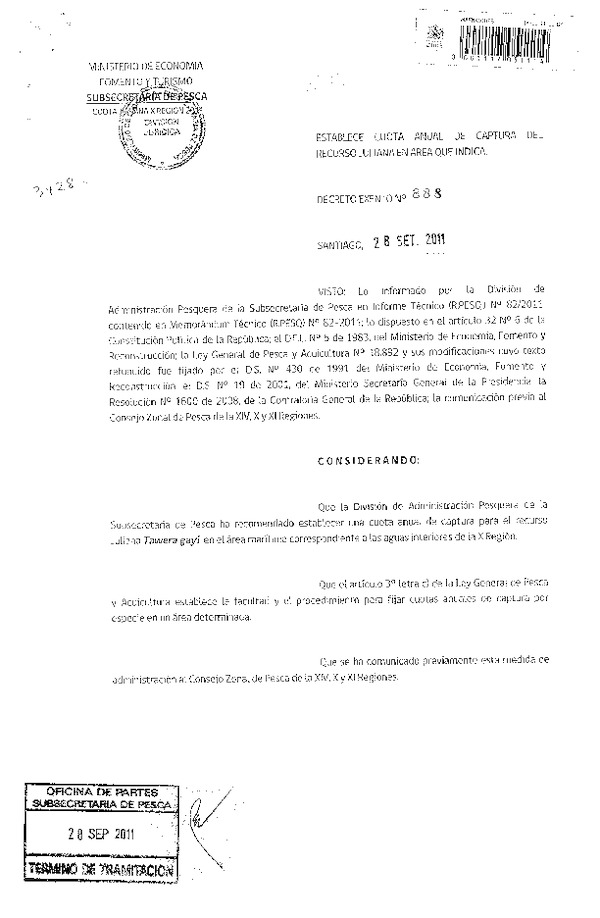 Decreto N° 888-2011 Establece Cuota global anual de captura recurso Juliana X Región.