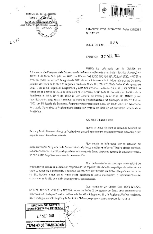 Decreto N° 878-2011 Establece Veda extractiva para especies Ícticas Nativas en todo el Territorio Nacional.