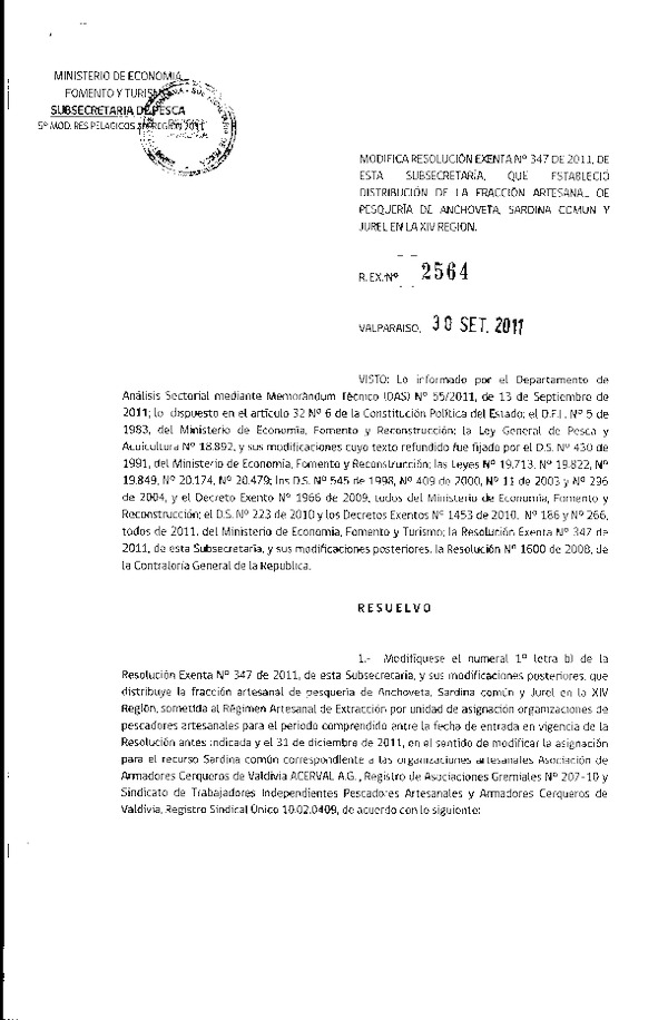 Resolución N° 2564-2011, modifica Resolución N° 347-2011, distribución de la fracción artesanal Pelágicos XIV Región.