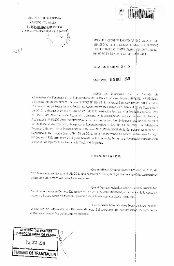 Decreto N° 909-2011 modifica Decreto N° 202-2011 Cuota global de captura recurso Erizo, X-XI Región.