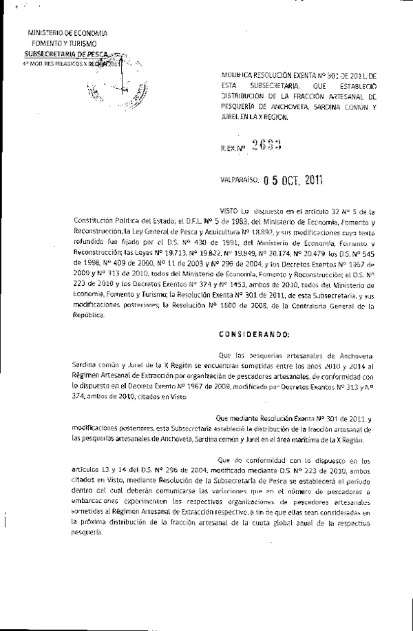 Resolución N° 2633-2011, modifica Resolución N° 301-2011, distribución de la fracción artesanal Pelágicos X Región.