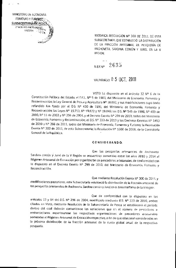 Resolución N° 2635-2011, modifica Resolución N° 300-2011, distribución de la fracción artesanal Pelágicos V Región.
