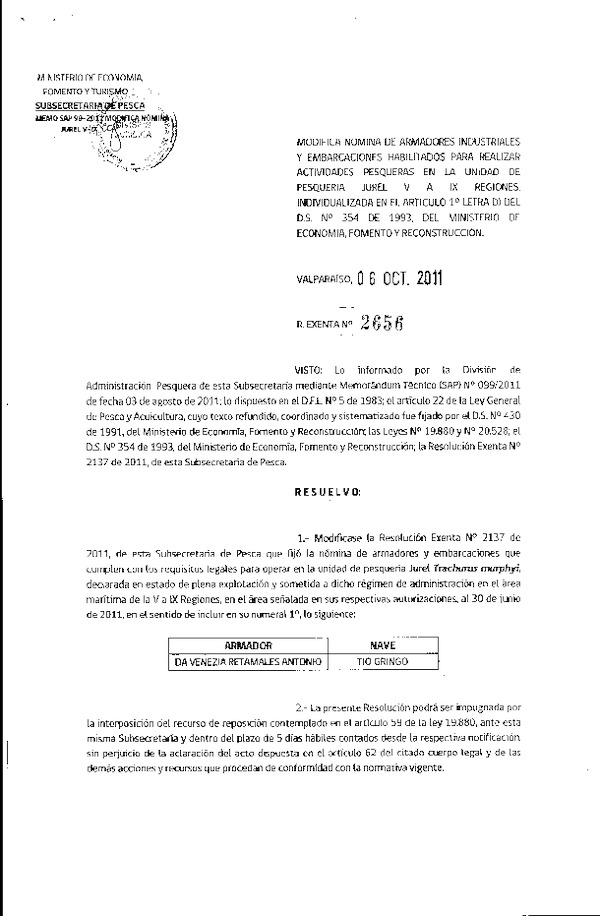 Resolución Nº 2656-2011 modifica Resolución N° 2137-2011 Nómina de Armadores y Embarcaciones jurel V-IX Regiones.