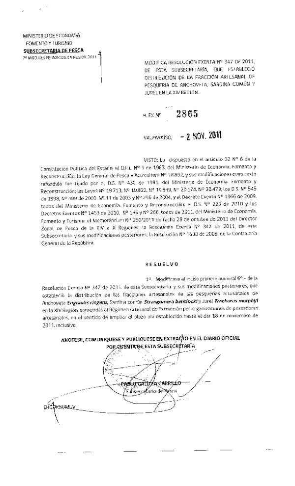 Resolución N° 2865-2011, modifica Resolución N° 347-2011, distribución de la fracción artesanal Pelágicos XIV Región.