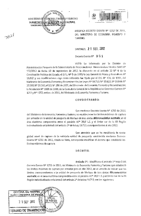 Decreto Exento Nº 951 de 2012, Modifica Decreto Nº 1252 de 2011, Límite Máximo de Captura Merluza de Tres Aletas, X-XII Región.