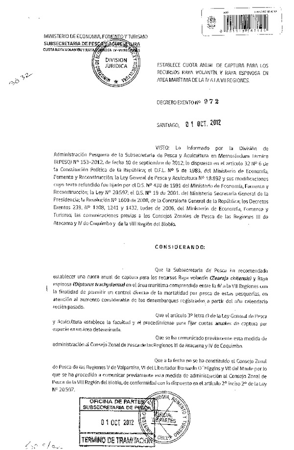 Decreto Exento Nº 972 de 2012, Establece Cuota Anual de Captura, recursos Raya Volantín y Raya Espinosa, IV-VII Región.