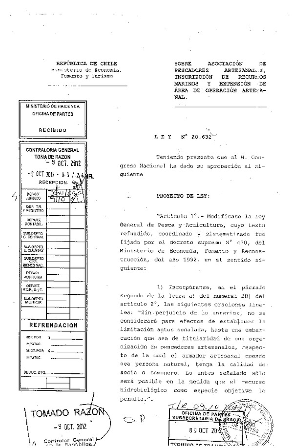 Ley Nº 20.632 Modifica la Ley General de Pesca y Acuicultura, sobre Asociación de Pescadores Artesanales, Inscripción de Recursos Marinos y Extensión de Área de Operación Artesanal.