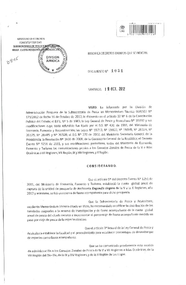 Decreto Exento Nº 1031 de 2012, Modifica Decreto Nº 1251 de 2011, resrvas de investigación y de fauna acompañante, V-X Región.