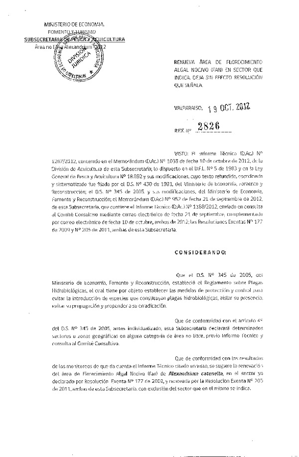 Resolución Nº 2826 de 2012, Renueva área de Florecimiento algal nocivo (FAN) en sector que indica. Deja sin efecto Reswolución Nº 205 de 2011.