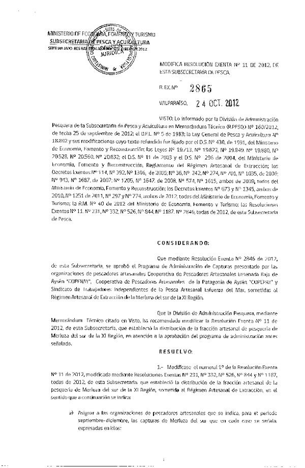 Resolución Nº 2865 de 2012, modifica Resolución Nº 11 de 2012, merluza del sur.