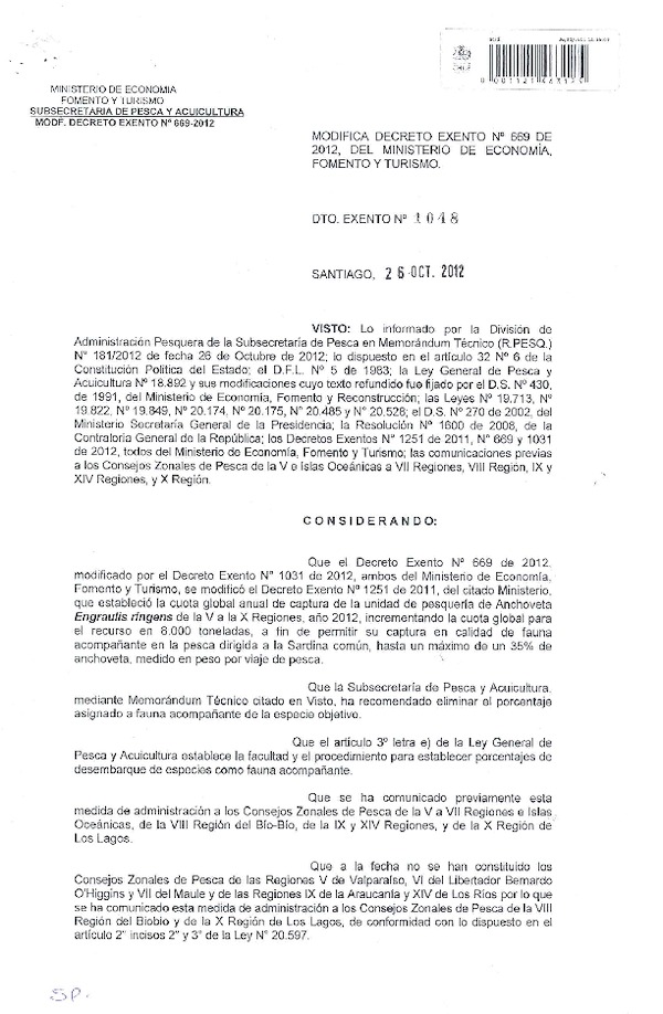 Decreto Exento Nº 1048 de 2012, Modifica Decreto Nº 669 de 2012, V-X Región.