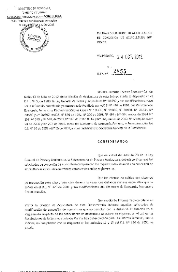 Resolución Nº 2855 de 2012 Rechaza solicitudes de acuicultura.