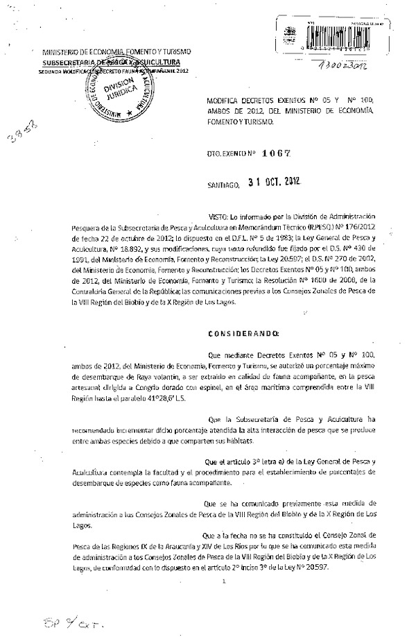 Decreto Exento Nº 1067 de 2012, Modifica Decreto Nº 5 y Nº 100, ambos de 2012, Fauna acompañante Raya volantín, VIII-X Región.