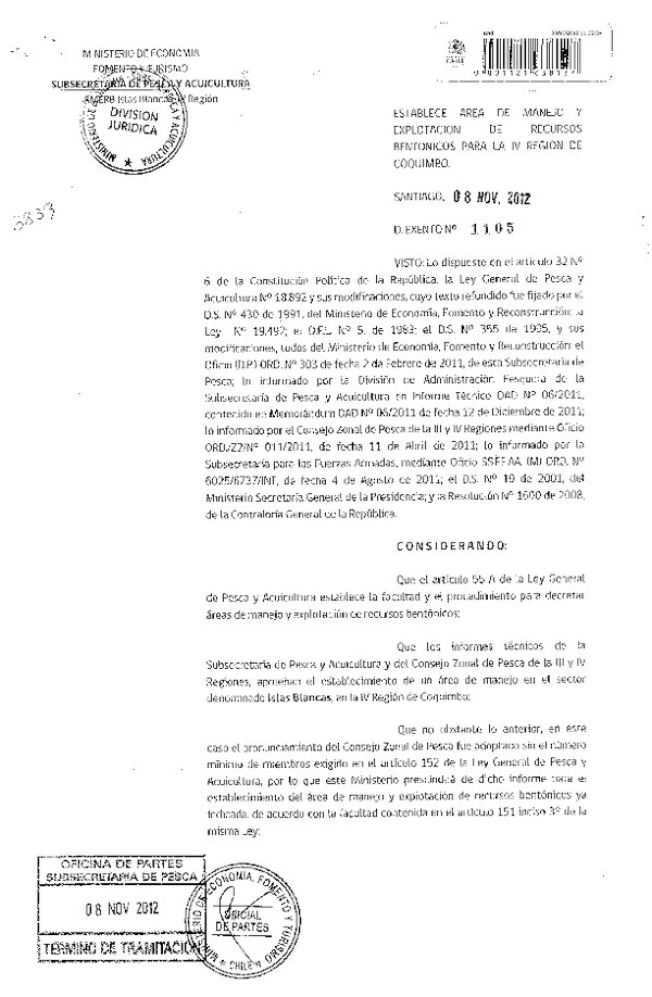 Decreto Exento Nº 1105 de 2012, Establece área de manejo y explotación de recursos bentónicos Sector Islas Blancas, IV Región.