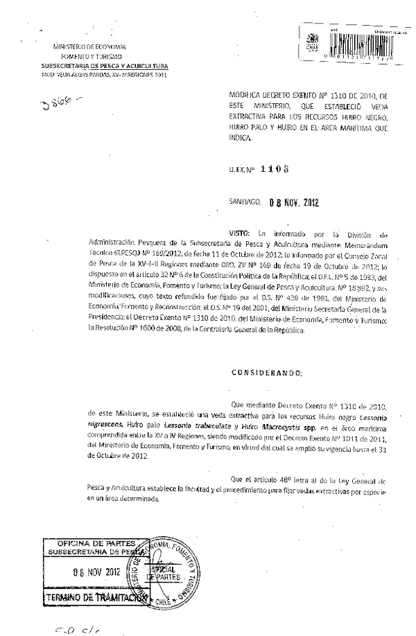 Decreto Exento Nº 1103 de 2012, Modifica Decreto Nº 1310 de 2010 Veda extractiva, Algas Pardas, XV-II Región.