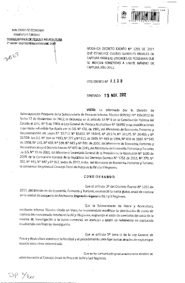 Decreto Exento Nº 1132 de 2012, Modifica Decreto Nº 1251 de 2011, Cuota anual de captura Anchoveta, XV-II Región.