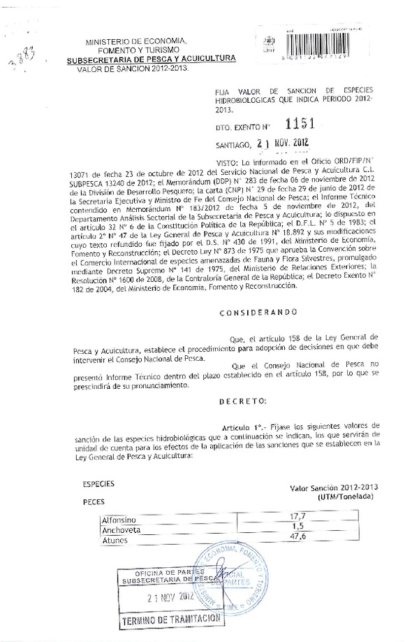 Decreto Exento Nº 1151 de 2012, Fija Valor de samción de especies hidrobiológicas que indica, Período 2012-2013.