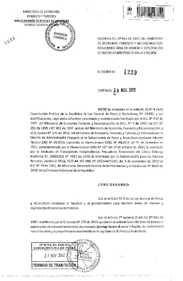 Decreto Exento Nº 1239 de 2012, Modifica Decreto Nº 652 de 1997 área de manejo Quintay Sector A, V Región.