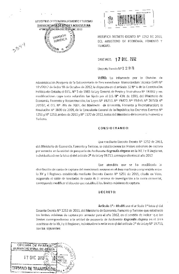 Decreto Exento Nº 1298 de 2012, Modifica Decreto Nº 1252 de 2011, Límite Máximo de Captura Anchoveta, XV-I-II Región.