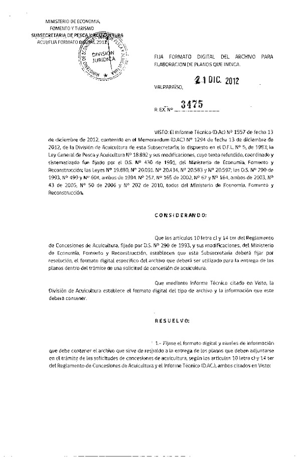 Resolución Nº 3475 de 2012 Fija Formato digital del Archivo para Elaboración de Planos que indica.