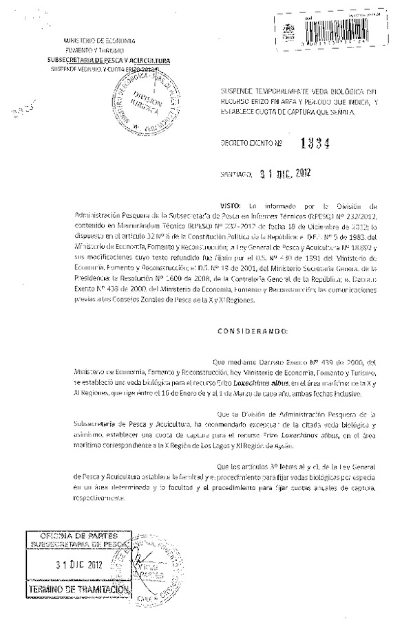 Decreto Exento Nº 1334 de 2012 Suspende temporalmente Veda biológica recurso Erizo y Establece Cuota de captura.