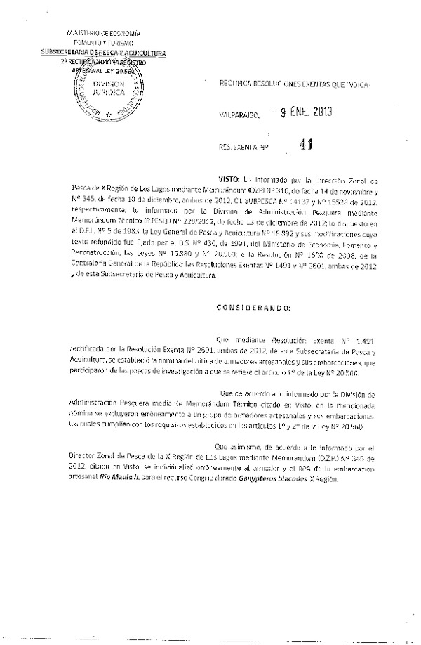 Resolución Nº 41 de 2013, Rectifica Resoluciones Nº 1491 y Nº 2601, ambas de 2012.