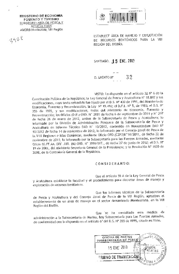 Decreto Nº 32 de 2013, Establece Área de Manejo y Explotación de recursos Bentónicos Montecristo, VIII Región.