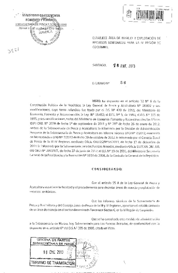 Decreto Nº 56 de 2013, Establece Área de Manejo y explotación de recursos Bentónicos Tarcaruca Sector C, IV Región.