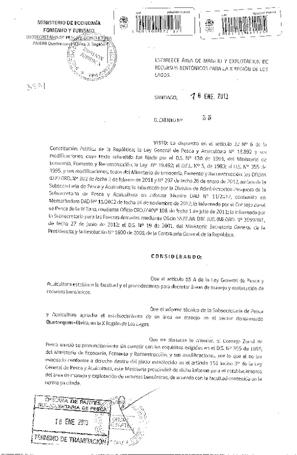 Decreto Nº 55 de 2013, Establece Área de Manejo y explotación de recursos Bentónicos Quetrequen-Elvira, X Región.
