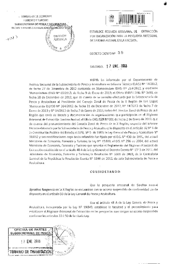 Decreto Nº 39 de 2013, Establece Régimen Artesanal de Extracción, Sarina Austral, X Región.
