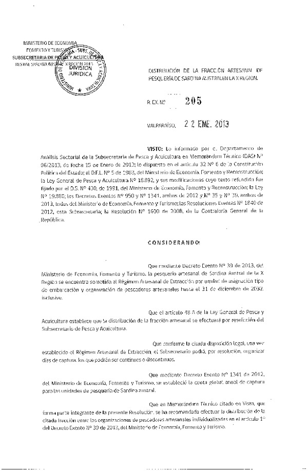 Resolución Nº 205 de 2013, Distribución de la Fracción Artesanal Sardina Austral, X Región.