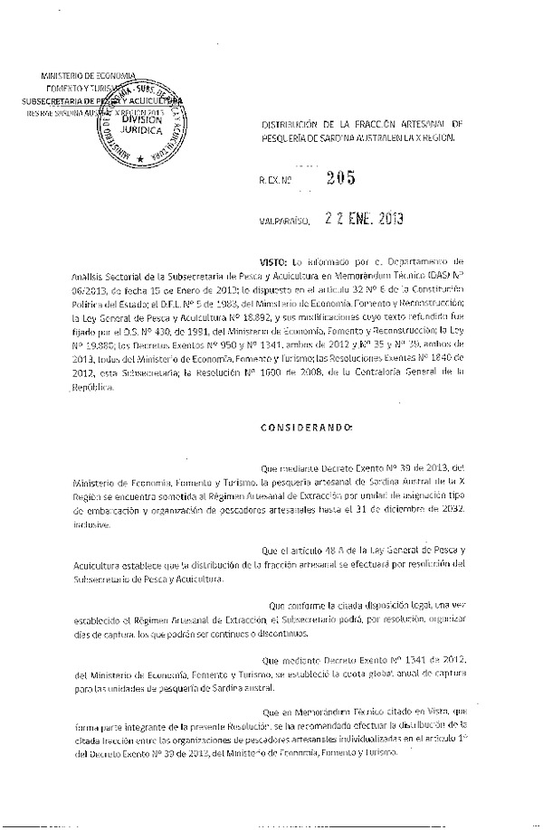 Resolución Nº 205 de 2013, Distribución de la Fracción Artesanal Sardina Austral, X Región.