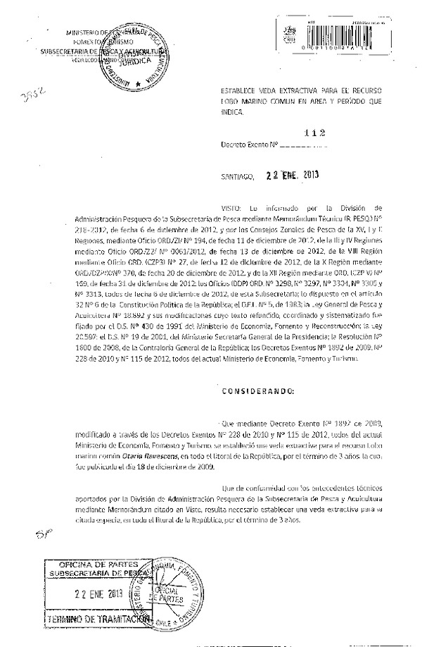 Decreto Nº 112 de 2013, Establece Veda Extractiva, Lobo Marino común XV-XII Región.
