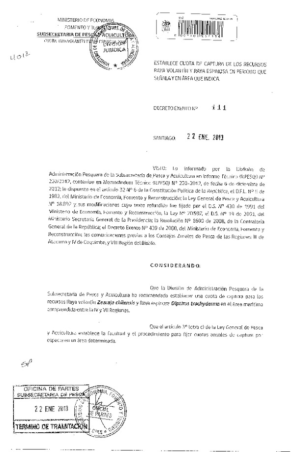Decreto Nº 111 de 2013, Establece Cuota Global de captura, Raya Volantín y raya espinosa, IV-VII Región.